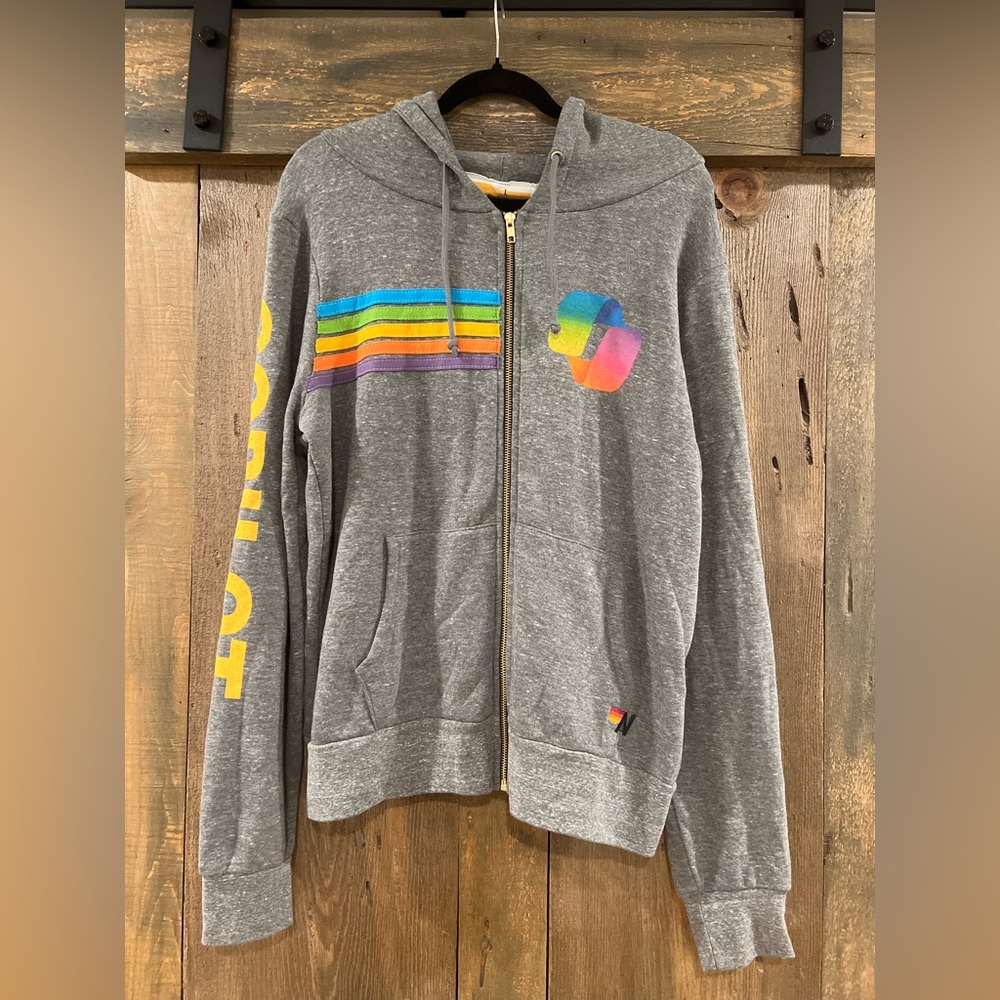 Aviator Nation Gray Zip Hoodie with Rainbow Stripe Chest and Graphic Patch